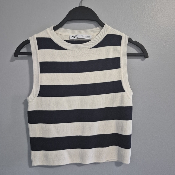 Zara Striped Blue and Cream summer euro boho beach sweater Tank Knit Top medium - Picture 1 of 8